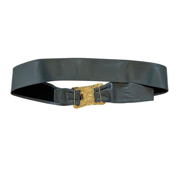 St John Vintage Gray Leather Gold-Tone Abstract Buckle Statement Cinch Belt - Picture 2 of 6